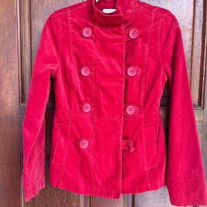 Red corduroy jacket with buttons. Fall jacket - great color for the holidays.